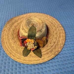 Vintage Straw Sun Hat with colorful cornhusk Ribbon and flower